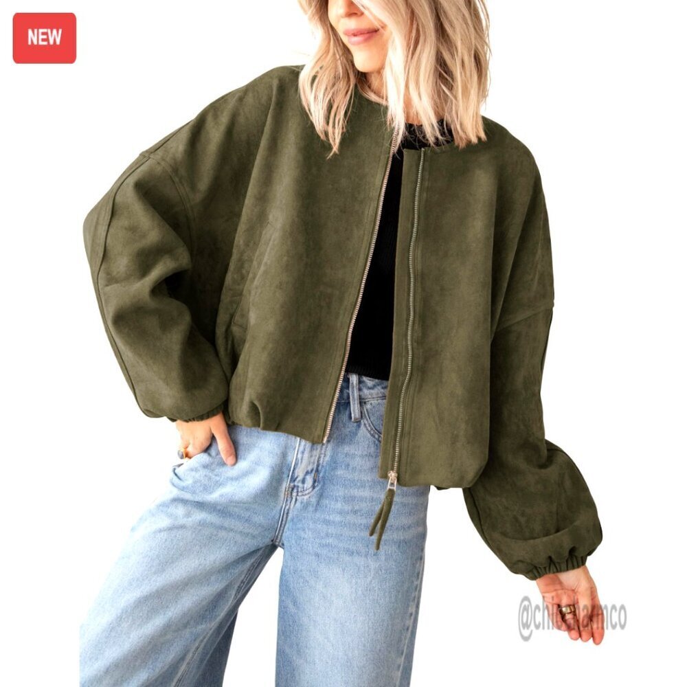 Faux Suede Bomber Jacket Cropped Oversized Zip Up Women's Outerwear